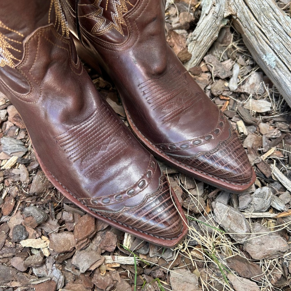 Laredo Brown Leather Western Cowgirl Boots Lizard Embossed Wingtip Pointed Toe - Picture 4 of 10